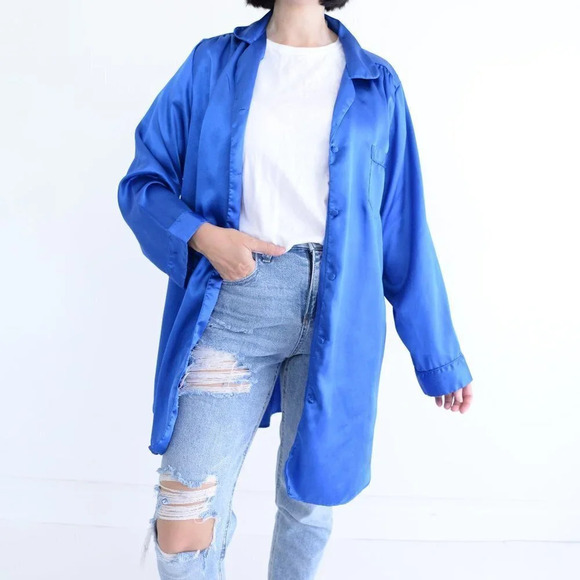 Vintage Dominque Royal Blue Silky-Like Button Down Nightgown LG - Picture 3 of 14